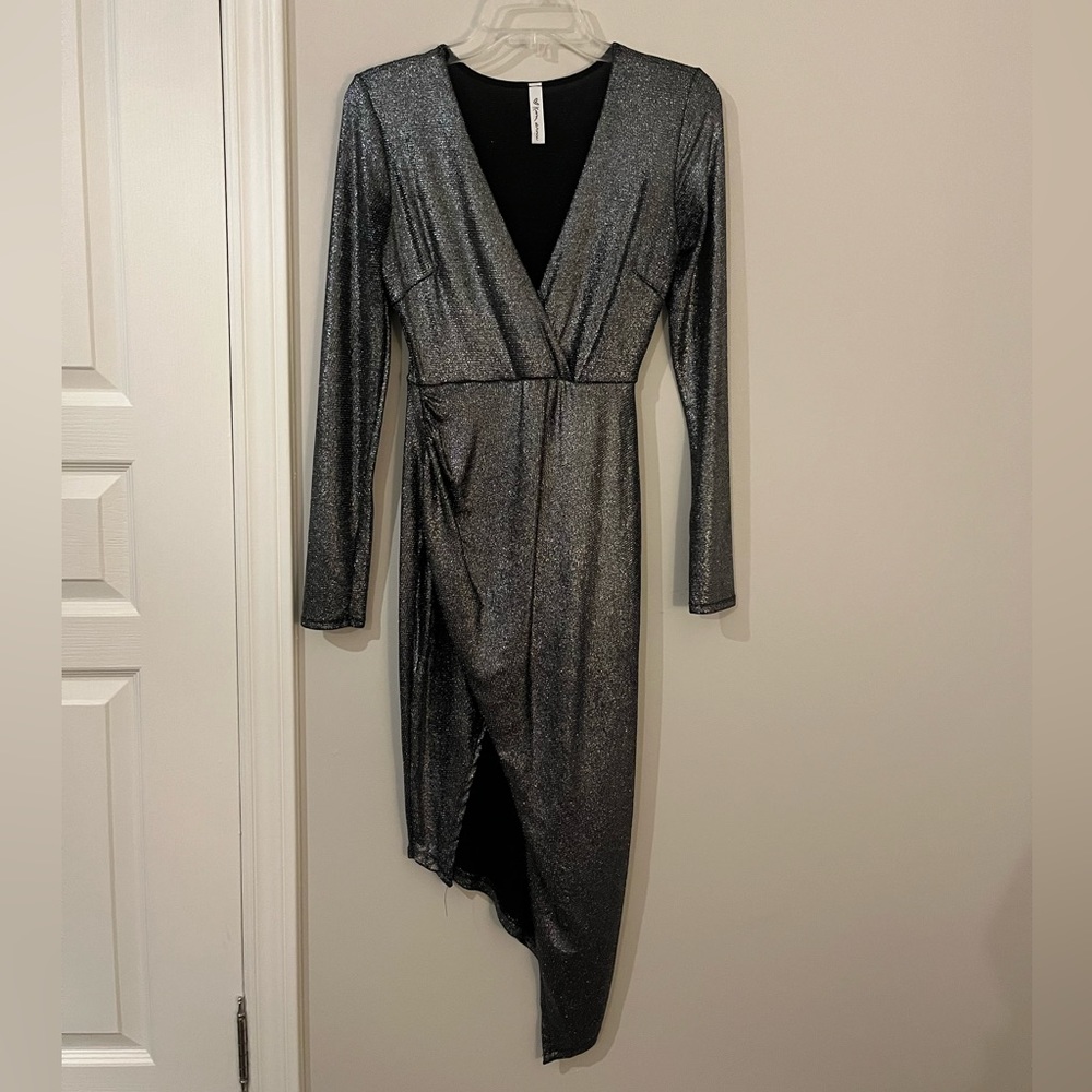 Silver Metallic Wrap Front Dress Holiday NYE